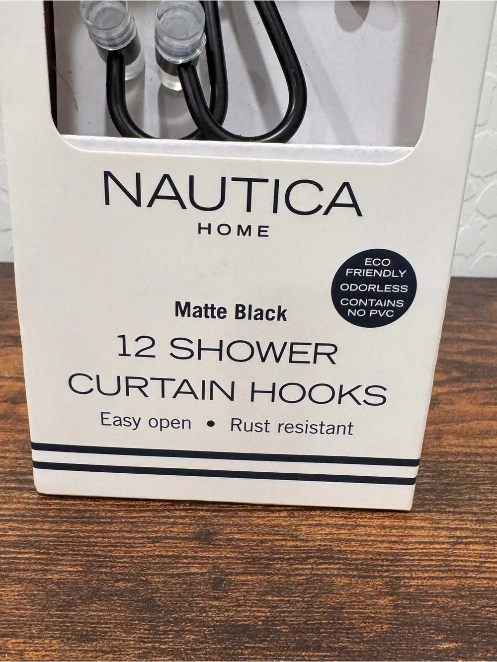 New Nautica Matte Black Shower Curtain Hooks Set Easy Open Rust Resistant Modern